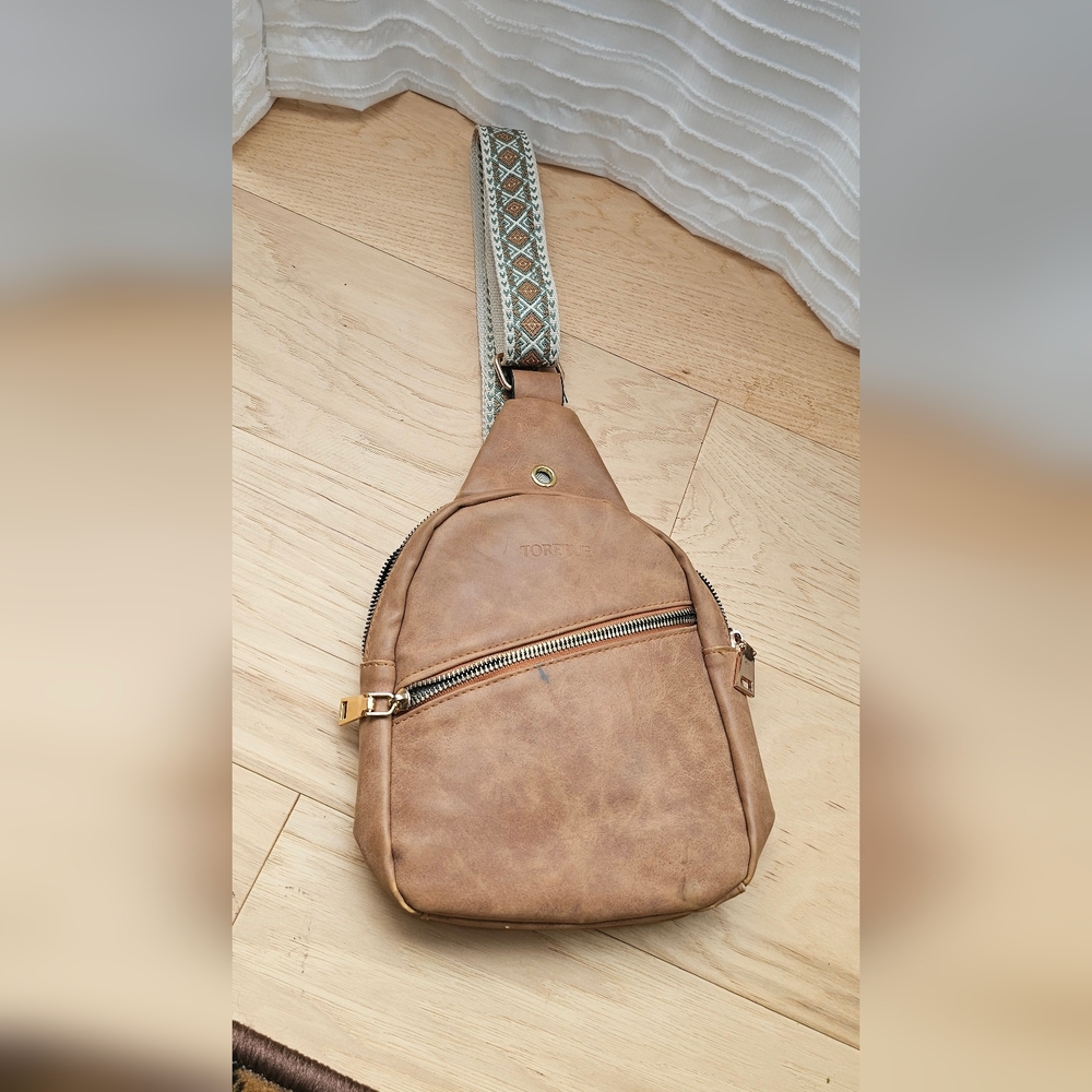 Brown Faux Leather Sling Bag Woven Guitar Strap Crossbody